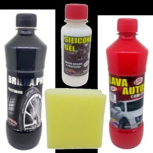 KIT 4X1 (BRILHA PNEU 485ML/SILICONE GEL 100G/LIMPA AUTO C/ CERA 500ML) ESPONJA GRÁTIS