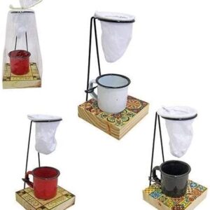 SUPORTE PARA COADOR DE CAFE COM CANECA E BASE DE MADEIRA DECORADA